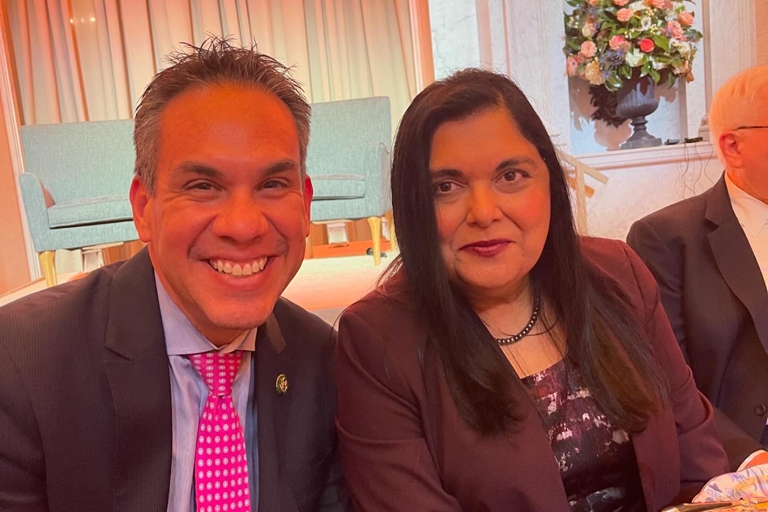 Manisha Sinha with Rep. Peter Aguilar of California at the Great Hall of the Thomas Jefferson Building at the Library of Congress on Sept. 25. 