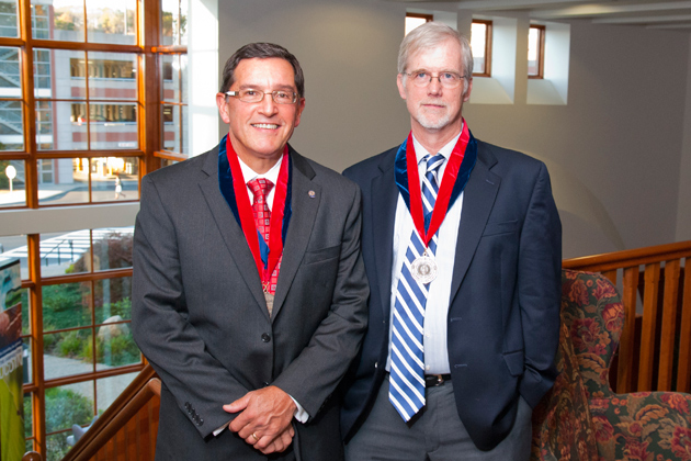 2011 Board of Trustees Distinguished Professors Carl Maresh and John Morris at the UConn Foundation on Oct. 25. (Sean Flynn/UConn Photo)