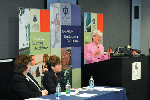 Lt. Gov. Nancy Wyman speaks during a press conference announcing the new Stamford Learning Accelerator, whil Karla Fox, left, interim dean of the School of Business, and Univeristy President Susan Herbst look on. (Michael Kirk/UConn Photo)