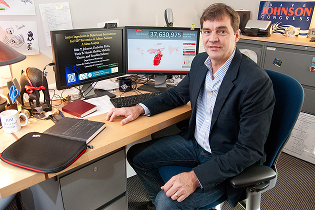 Professor Blair Johnson at his office on Nov. 8, 2011. (Max Sinton for UConn)