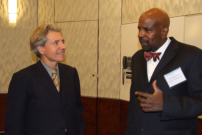 Dr. Cato T. Laurencin (right) welcomes Dr. Gualberto Ruaño, invited from Hartford Hospital to give the keynote address on personalized medicine at the CICATS mini-retreat.