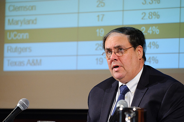 Richard Gray, vice president and chief financial officer, speaks at a town hall meeting on tuition and the University budget held at Konover Auditorium on Dec. 12, 2011. (Peter Morenus/UConn Photo)