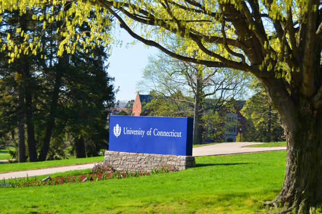 The University of Connecticut sign at the intersection of North Eagleville Road and Route 195. (Peter Morenus/UConn Photo)