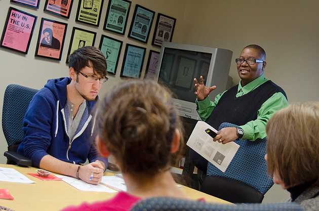 Fleurette King, director of the Rainbow Center, speaks to UConn students during a Safe Zone Husky Ally Training session in the Rainbow Center on Feb. 13, 2012. (Ariel Dowski/UConn Photo)