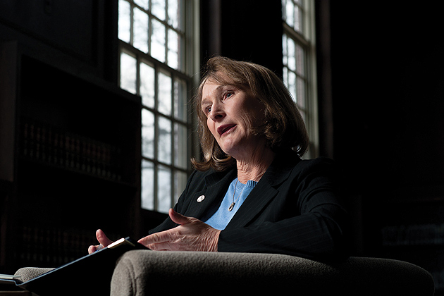 Mary Holz-Clause, vice president for economic development is interviewed at the WIlbur Cross south reading room on Jan. 25, 2012. (Peter Morenus/UConn Photo)