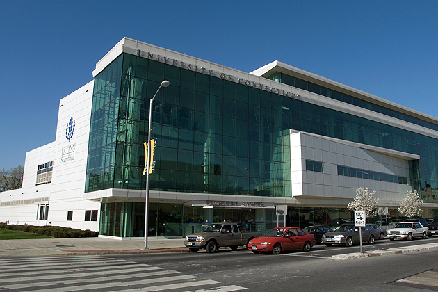 An exterior view of the Stamford Campus. (Peter Morenus/Conn Photo)