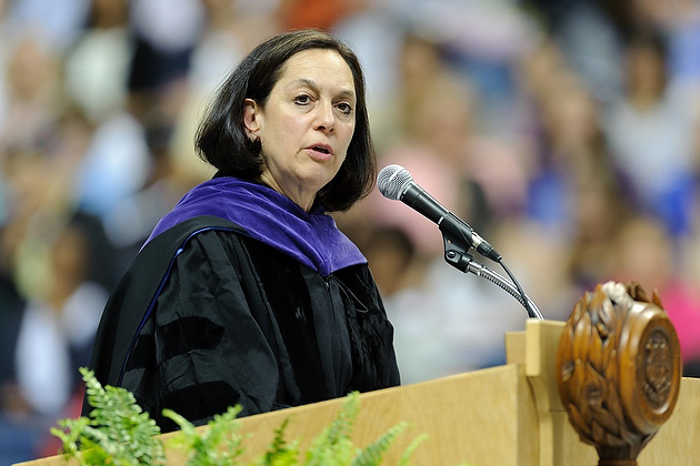 Joette Katz '77 JD, commissioner of the state Department of Children and Families, gives the address during the late afternoon College of Liberal Arts and Sciences commencement ceremony held at Gampel Pavilion on May 6. (Peter Morenus/UConn Photo)