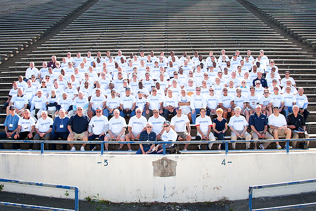 A final team photo of 150 former Husky student-athletes and coaches who attended the farewell to Memorial Stadium (Steve Slade/UConn Photo)