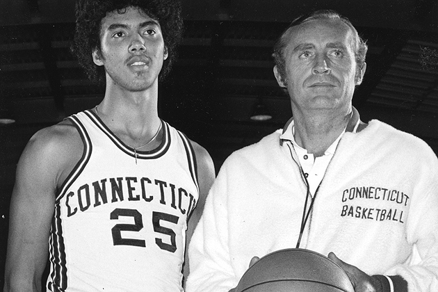 UConn Men's Basketball Coach Donald "Dee" Rowe with Husky basketball star Tony Hanson, one of the program's first great four-year players.