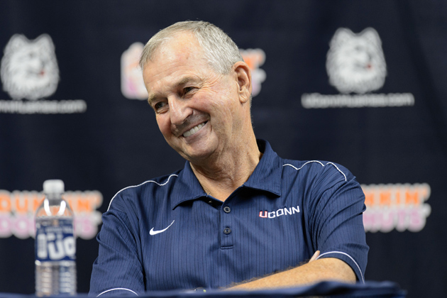 Jim Calhoun smiles at a press conference held at Gampel Pavilion to announce his retirement and the appointment of Kevin Ollie as head men's basketball coach on Sept. 13, 2012. (Peter Morenus/UConn Photo)