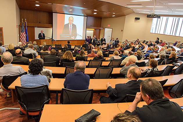 Mike Widmer speaks at the Widmer Wing Dedication Ceremony in Storrs Hall on Nov. 2, 2012. (Ariel Dowski/UConn Photo)