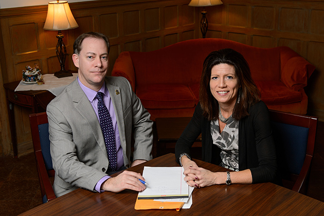 Preston Britner and Anne Farrell at the Dean's Lounge of the Family Studies Building on Dec. 12, 2012. (Peter Morenus/UConn Photo)