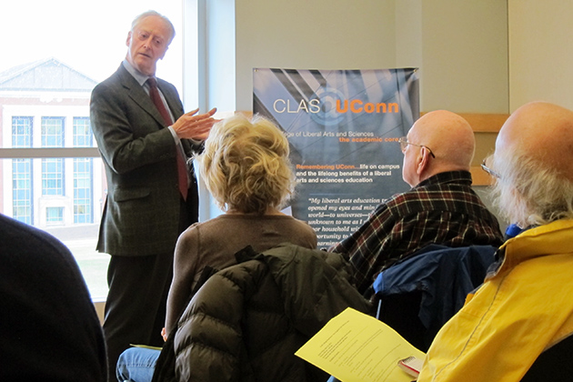 Professor Robert Gross, the Draper Chair of Early American History, (CLAS), talks about Henry David Thoreau's "Walden" at the first Alumni College Experience day. (Christine Buckley/UConn Photo)