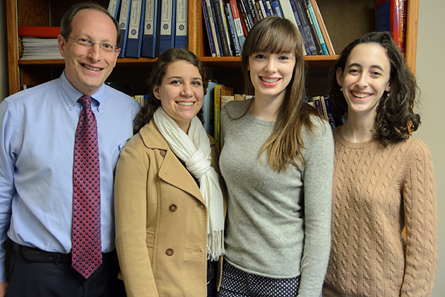 Mentor Jeff Ment '89, Emily Block '15 (CLAS), Celia Guillard '14 (CLAS), and Julianne Norton '15 (CLAS) of the Leadership Legacy program on March 29, 2013. (Ariel Dowski '14 (CLAS)/UConn Photo)