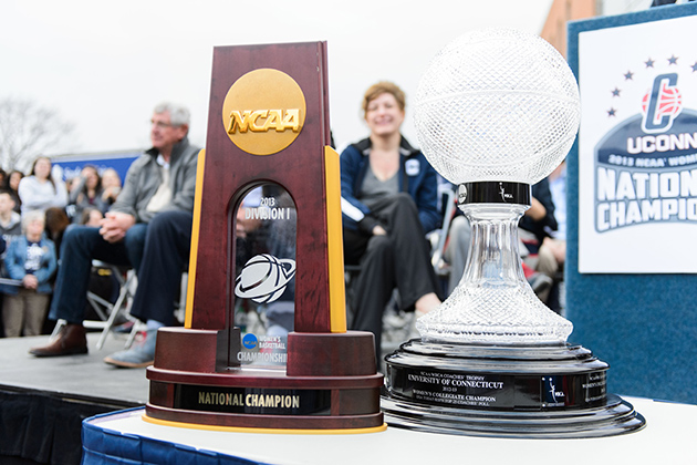 A view of the trophies during a rally to celebrate the Women's Basketball win over Louisville held along Fairfield Way on April 10, 2013. (Peter Morenus/UConn Photo)