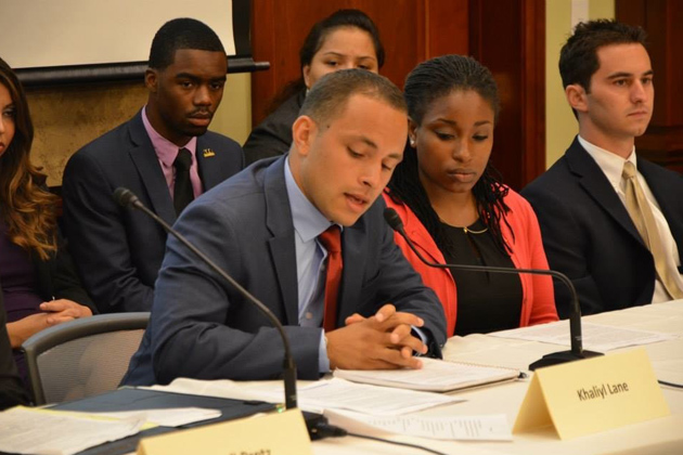 Khaliyl Lane (MSW'13) speaking at a Congressional Foster Youth Internship Briefing on Aug. 31,2013 in Washington, D.C. Lane, who grew up in Connecticut's foster care system, participated in the briefing as an intern from U.S.Sen.Richard Blumenthal's office. The briefing was sponsored by the Congressional Coalition on Adoption Institute (CCAI). Lane spent several months this summer working in Sen. Blumenthal's office and advising the senator and his staff on issues related to foster care and other matters as part of his internship. He was hired as a full-time staff member at the end of the program. (Allison Cappa for UConn)