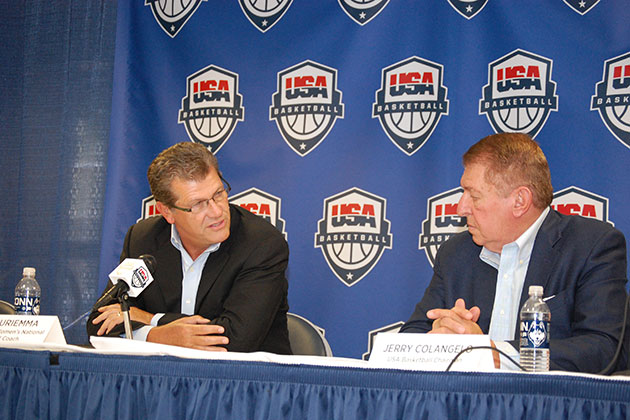 Geno Auriemma, UConn Women's Basketball Head Coach, and Jerry Colangelo, USA Basketball Chairman, at a press conference in Gampel Pavilion on Sept. 6, 20123, announcing that Auriemma will serve as the USA Basketball Women's National Team Head Coach again for the 2016 Olympics. (Kenneth Best/UConn Photo)