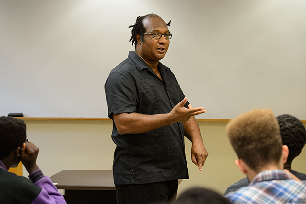 Lewis Gordon, professor of philosophy, lectures at Storrs Hall on Sept. 10, 2013. (Peter Morenus/UConn Photo)