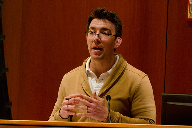 Jordan Kiper, a graduate student in human rights, gives a presentation in Konover Auditorium on Sept. 18, 2013, as part of the 10th annual Human Rights Conference. (Ariel Dowski '14 (CLAS)/UConn Photo)