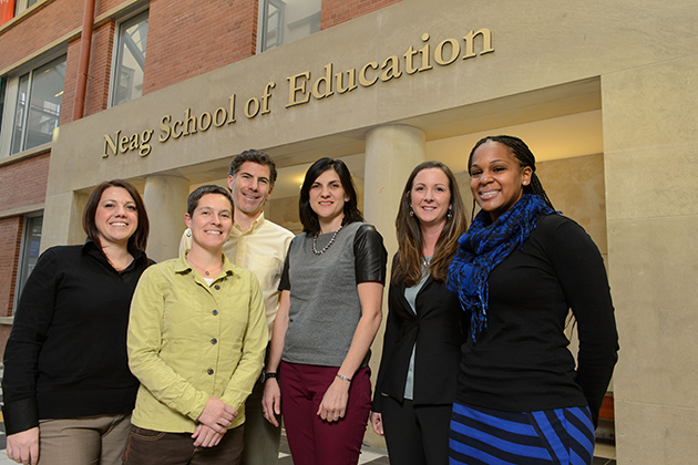 New School of Education faculty Bianca Montrose, left, Jennifer Freeman, Shaun Dougherty, Jennie Weiner, Hannah Dostal, and Tamika La Salle on Nov. 5, 2013. (Peter Morenus/UConn Photo)