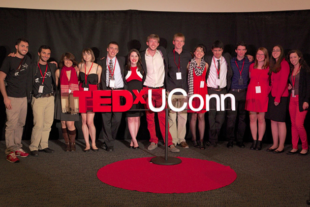 The TEDxUConn team, from left: Shervin Etemad, Lior Trestman, S'ha Siddiqi, Sam Menza, Dan Violette, Rosy Cersonsky, David Ritter, Sam Turek, Rebecca D'Angelo, Tom Benneche, Dillon Jones, Katie Hires, Meredith Milligan, and Alexandra Buda. (Shervin Etemad/UConn Photo)