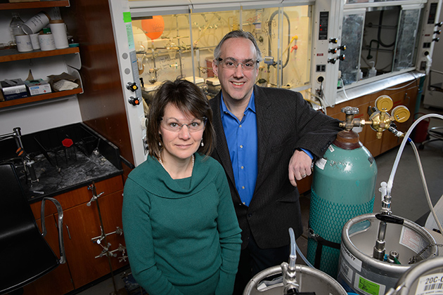 Amy Anderson, left, professor of pharmaceutical science and Dennis Wright, professor of pharmaceutical science on Jan. 8, 2014. (Peter Morenus/UConn Photo)