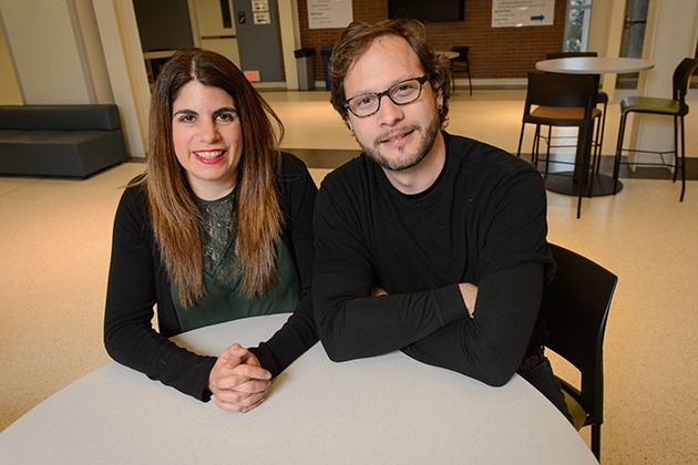 Nairán Ramírez-Esparza, assistant professor of psychology, left, and Adrián García-Sierra, assistant research professor of psychology and speech, language, and hearing sciences. (Peter Morenus/UConn Photo)