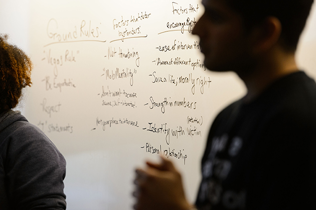 Varun Khattar '16 (CLAS), right, and Stephanie Lumbra '14 (CLAS) lead a violence against women prevention program peer education program at Laurel Hall on March 28, 2014. (Peter Morenus/UConn Photo)