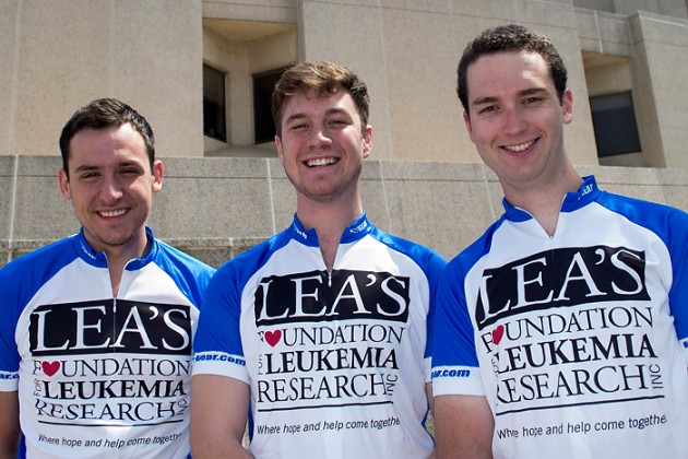 Jonathan Kobles, Gregory Oudheusden and Greg Kirby, who just completed their first year at the UConn School of Medicine, make up this year’s Coast to Coast for a Cure cycling team. June 17, 2014. (Tina Encarnacion/UConn Health Photo)