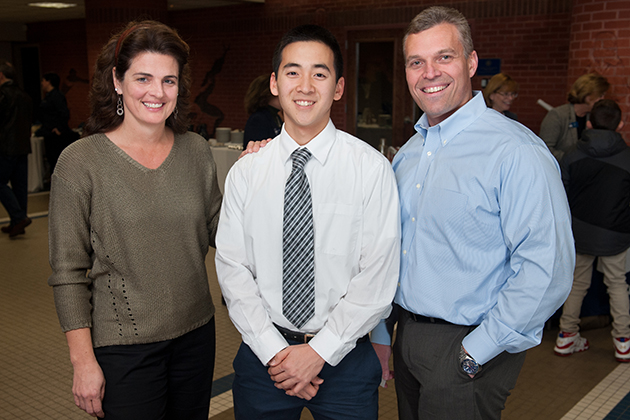 From left, Tina Stietzel '90 (BUS), Michael Byon '15 (ENG), and Chuck Stietzel '91 (ENG), '93 MS at the UConn Alumni Association Donor and Scholarship Recognition reception last December. (The Defining Photo, for UConn)