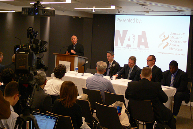 Kinesiology professor Doug Casa, COO of the Korey Stringer Institute at UConn, speaks at a press event at the NFL headquarters in New York City on March 26. (Korey Stringer Institute/UConn Photo)