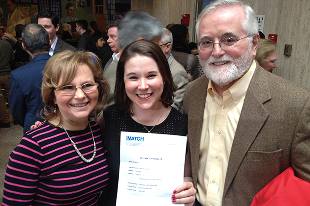 UConn medical student Devorah Donnell, center, and her parents celebrate her matching to the Tufts/Cambridge Health Alliance Family Medicine Residency Program in Boston, her first choice. (Chris DeFrancesco/UConn Health Photo)