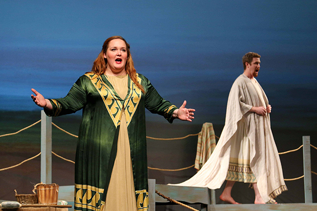 Bass-baritone Anthony Leathern, right, and contralto Judy Bowers, both doctoral candidates in voice performance, as Noye and Noye's Wife in UConn Opera's production of Britten's Noye's Fludde. A gift from former associate dean of business Rob Hoskin will support students participating in the opera program. (Paige Crane Photography for UConn)