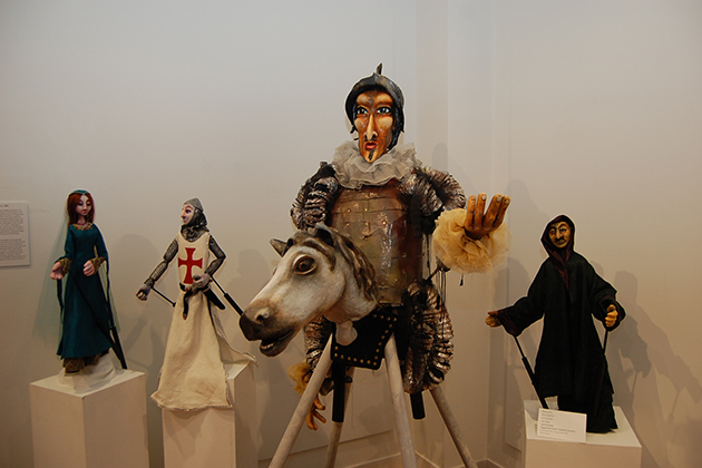 Don Quixote and other figures (mixed media) from “Master Peter’s Puppet Show” (2007) by Leslie Weinberg ’88 MFA, part of “The Work That Follows: 50 Years of UConn Puppeteers” at the Ballard Institute and Museum of Puppetry. (Kenneth Best/UConn Photo)