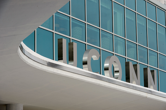 Detail of the Outpatient Pavilion at UConn Health in Farmington, showing 'UConn.' (Peter Morenus/UConn Photo)