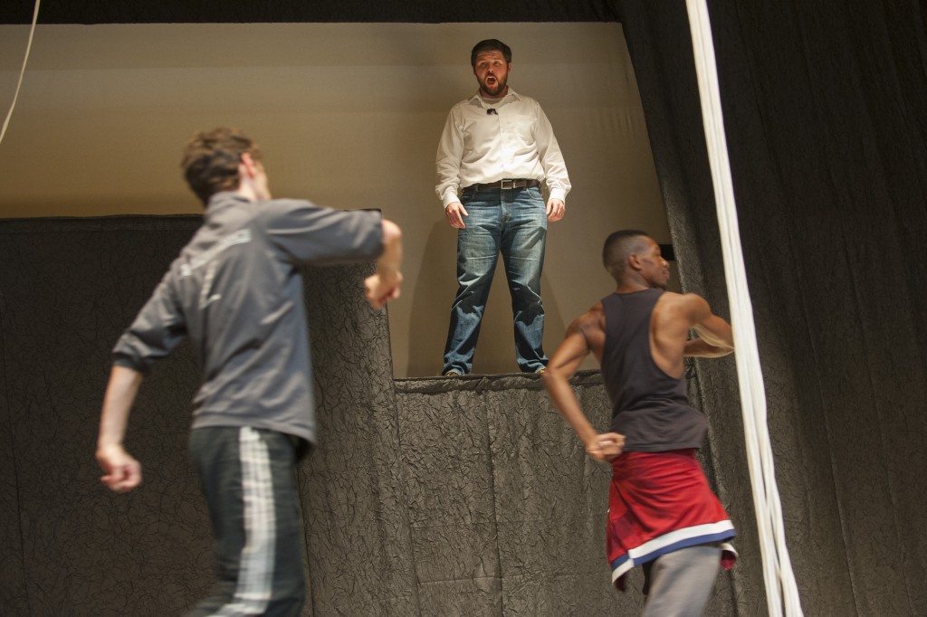 Baritone Ryan Burns, a graduate student, in rehearsal with members of the Jessica Lang Dance Co. at Jorgensen Center for the Performing Arts. (Sean Flynn/UConn Photo)