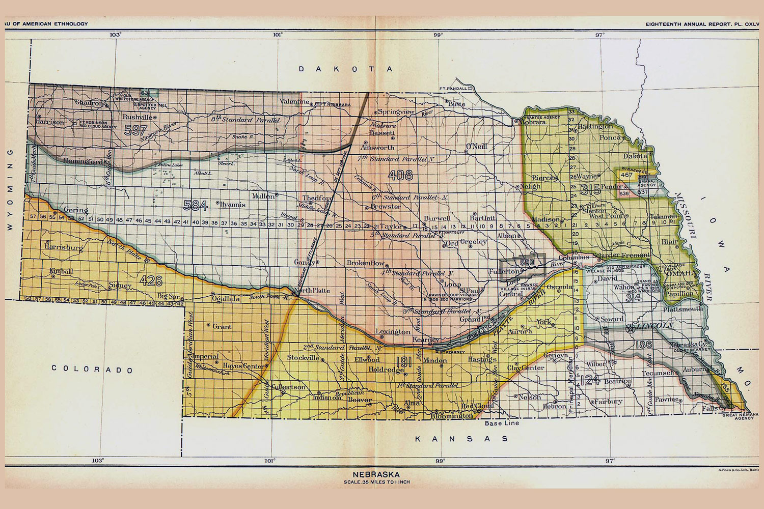 map of Indian land cessions in Nebraska