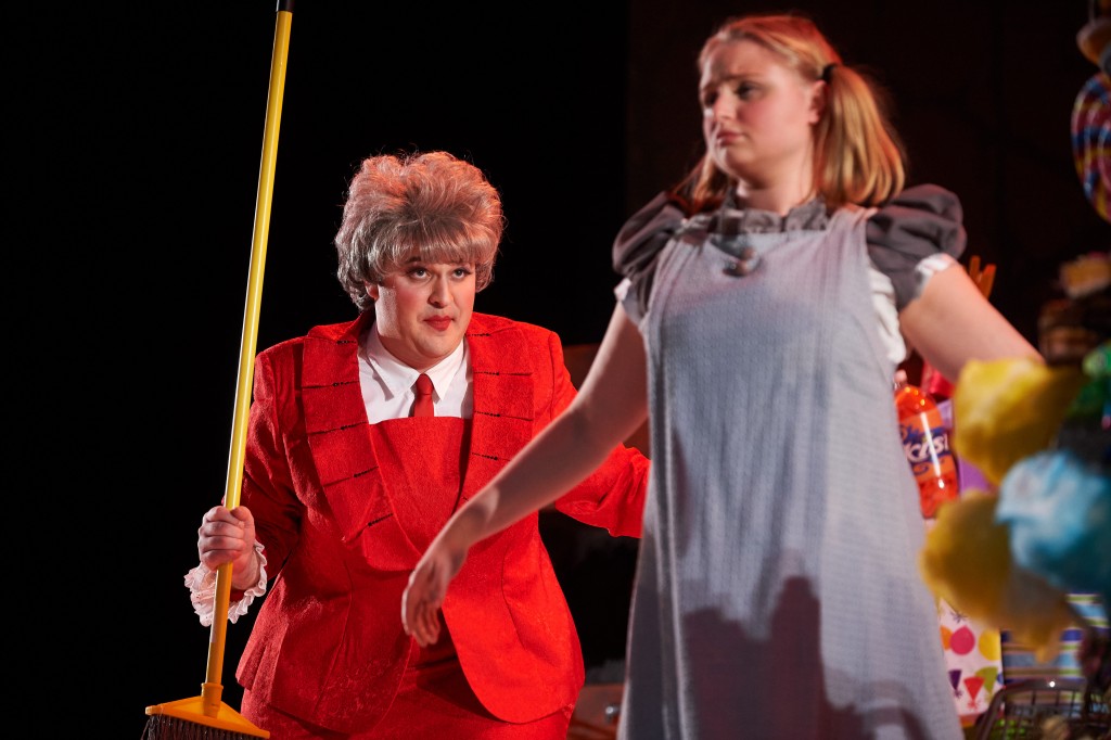 A dress rehearsal for UConn Opera's presentation of "Hansel and Gretel" at the Jorgensen Center for the Performing Arts on Jan. 27, 2016 with Caroline O’Dwyer ’11 (SFA) as Hansel, Katelyn Lewis ’15 (SFA) as Gretel and Spencer Hamlin ’13 (SFA) as the witch. (Peter Morenus/UConn Photo)