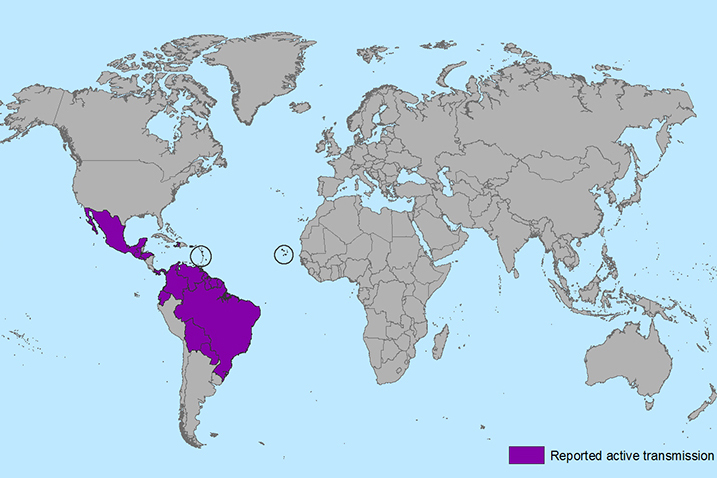 Map of reported active transmission of Zika virus. (Map source: CDC)