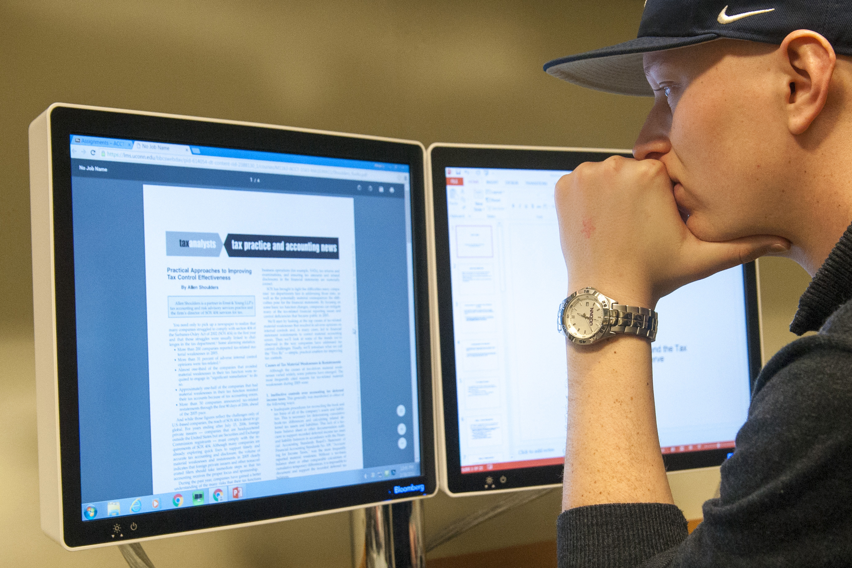 Student-athlete Ryan Radue '15 (BUS) (baseball) studying on Feb. 18, 2016. (Sean Flynn/UConn Photo)