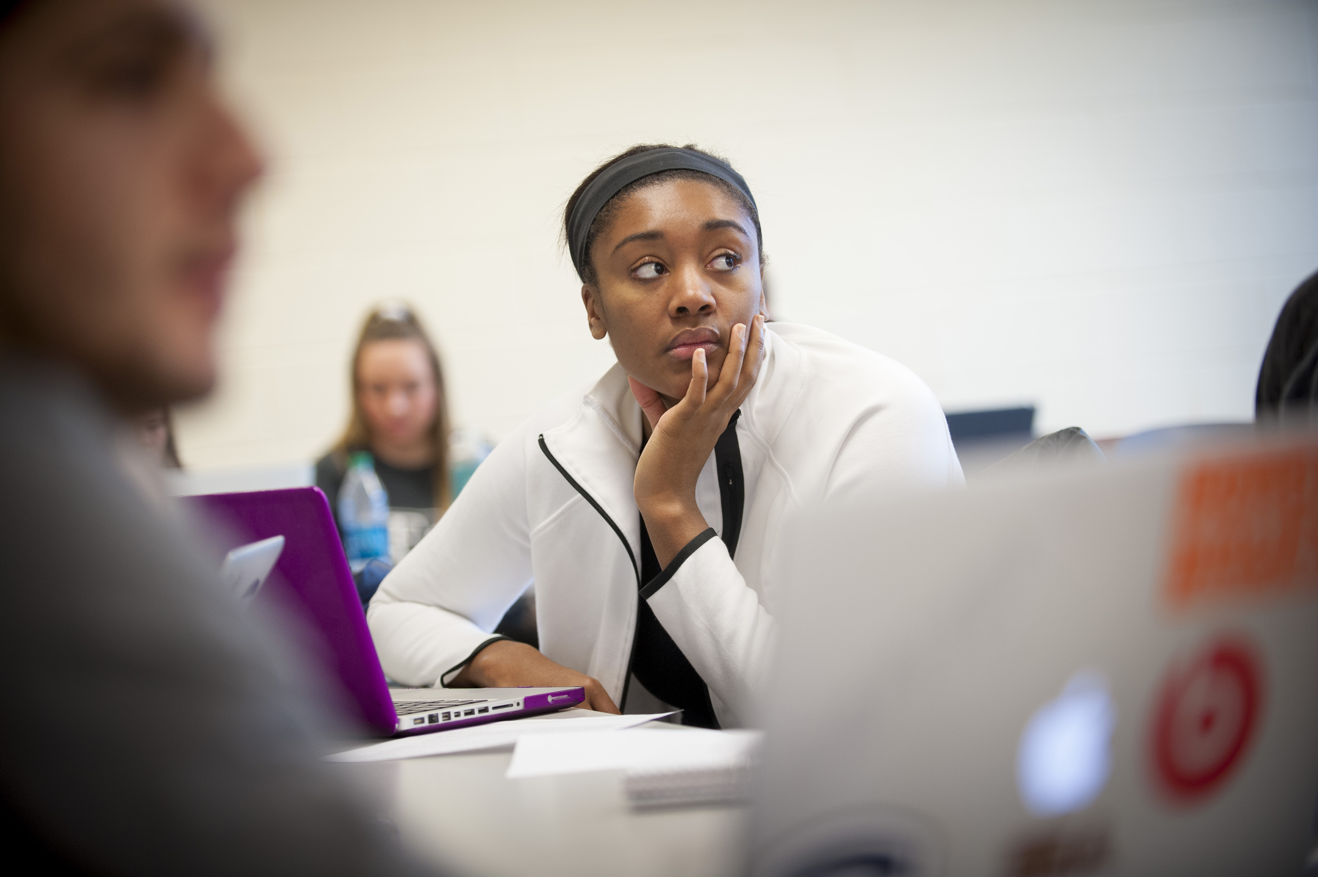 Student-athlete Morgan Tuck in an introduction to sports communication class in Gentry Building on Feb. 17, 2016. (Sean Flynn/UConn Photo)