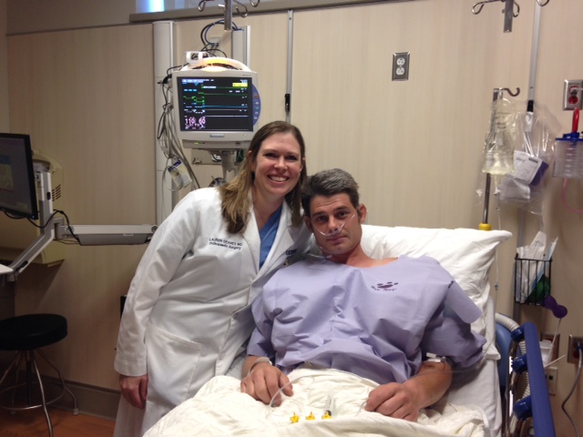 Dr. Lauren Geaney and patient Tyler Kozaczuk who was the first patient to undergo a surgical procedure in the new UConn John Dempsey Hospital operating room.