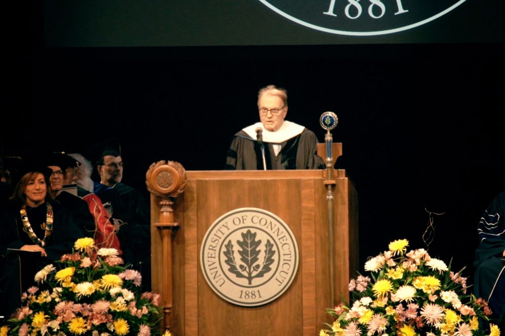 Radio and television commentator Charles Osgood delivers the 2016 UConn Health Commencement address. (Bret Eckhardt/UConn Photo)