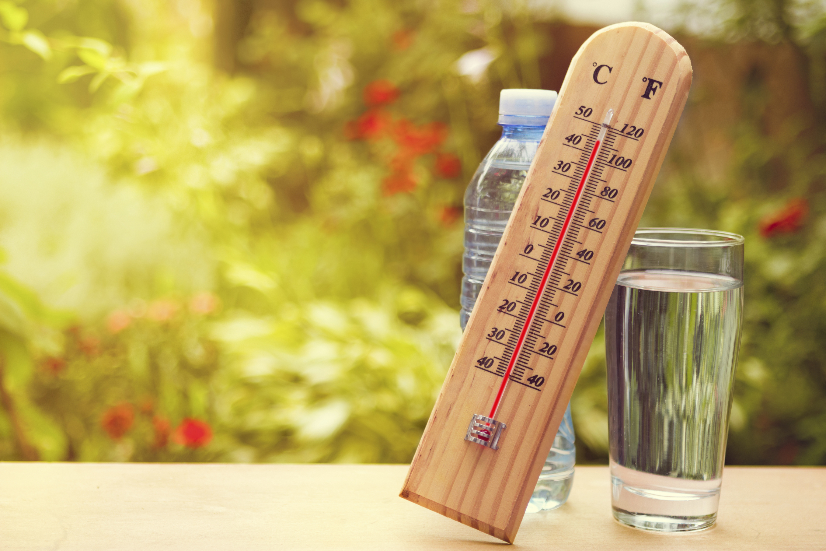 Thermometer on summer day showing high temperature over 100 degrees F, and glass of water. (iStock Photo)