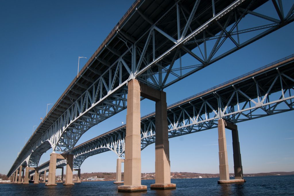 A view of the north and south lanes of the Gold Star Bridge on April 16, 2009. (Peter Morenus/UConn Photo)