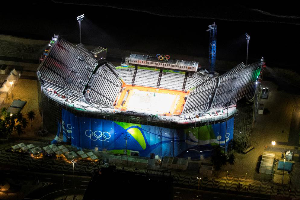 The Olympic beach volleyball arena in Copacabana, Brazil.