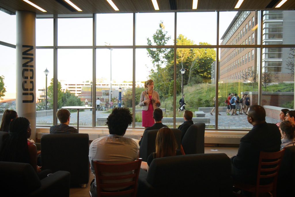 President Susan Herbst addresses members of UConn Nation during her annual State of the University address. The event was held at NextGen Hall in September. (Angelina Reyes/UConn Photo)