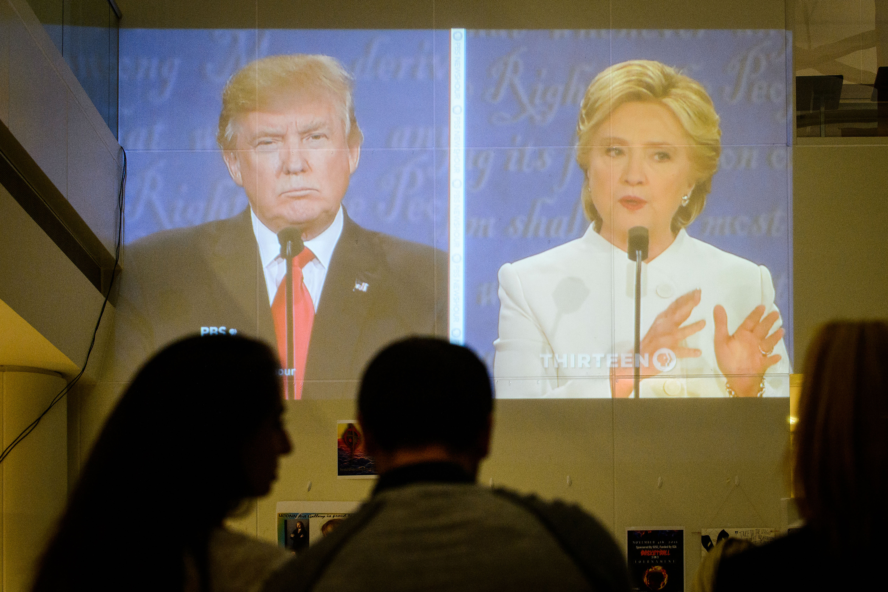 Students, faculty, and staff watch the third presidential debate in the Rich Concourse at the Stamford campus on Oct. 19, 2016. (Peter Morenus/UConn Photo)