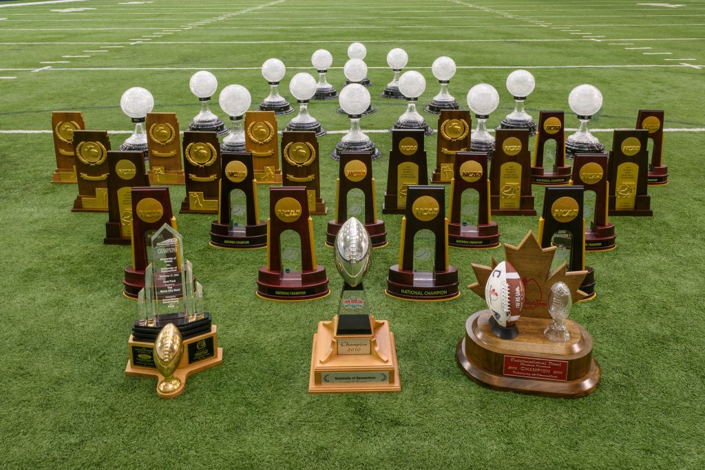 A still life photo of athletic trophies at the Mark R. Shenkman Training Center on Aug. 23, 2016. (Peter Morenus/UConn Photo)