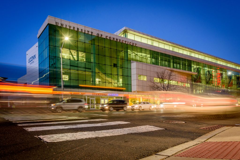 An exterior view of the Stamford campus. (Peter Morenus/UConn Photo)